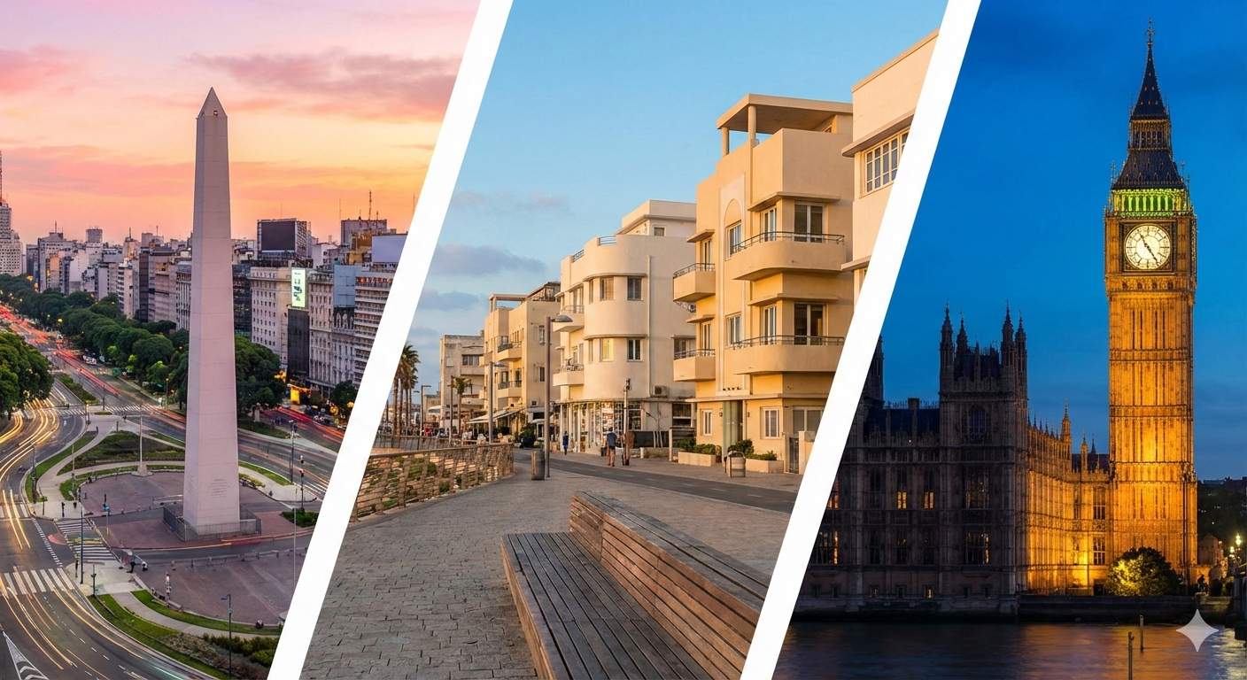 AI-generated image featuring landmarks of Buenos Aires, Tel Aviv and London
